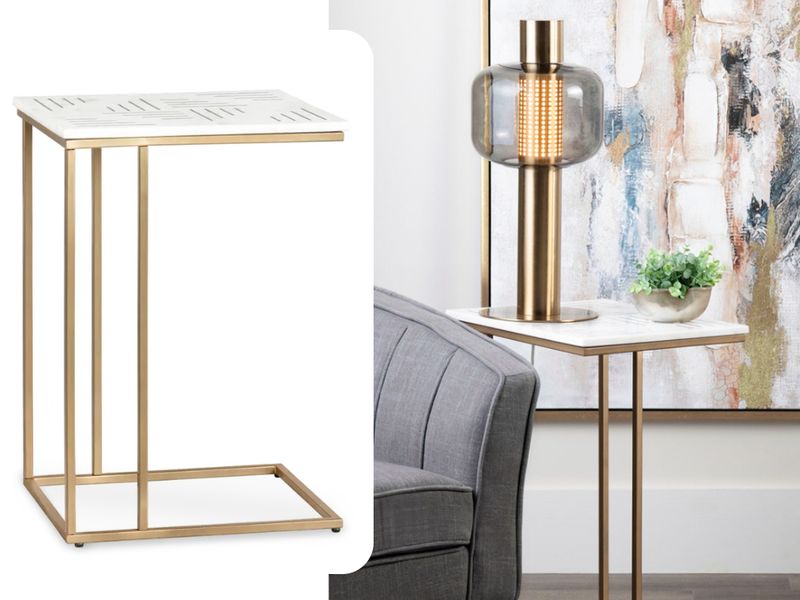 C Shaped Accent Table, White &amp; Gold