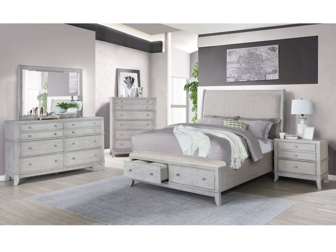 Serene Brushed Bedroom Set, White, Grey Tones