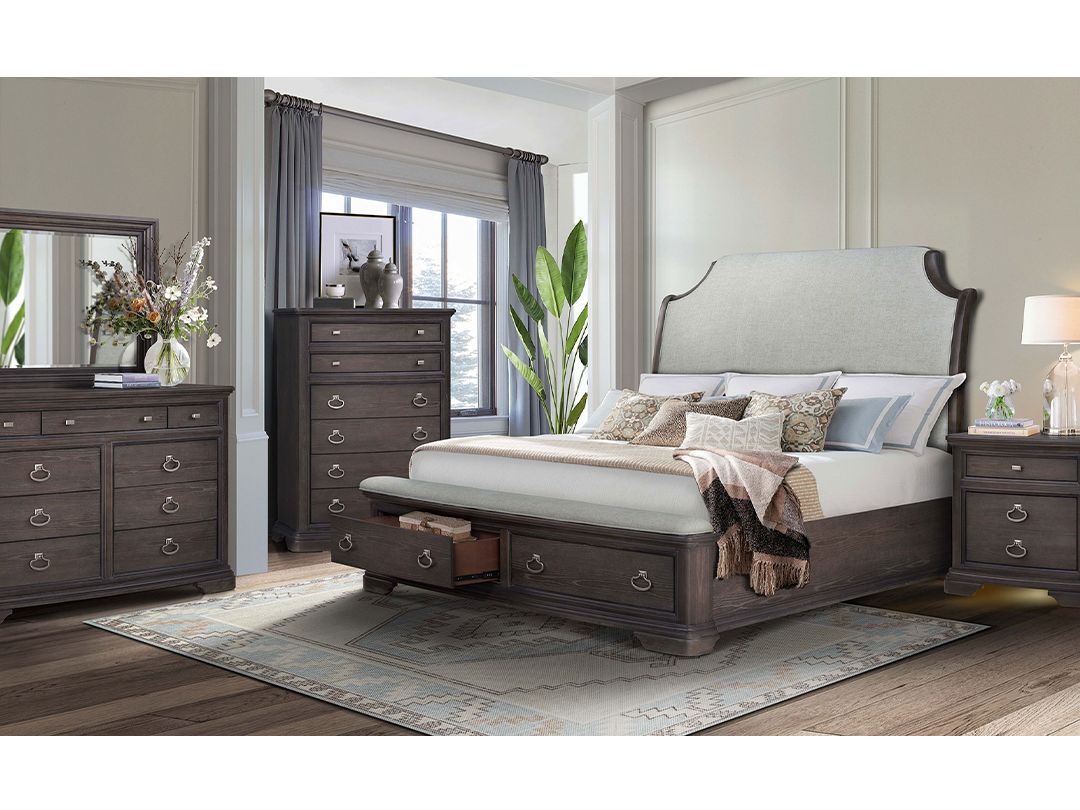 Acacia King Upholstered Bed with Storage, Complete Dark Wood Bedroom Set