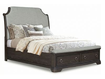 Acacia King Upholstered Bed with Storage, Complete Dark Wood Bedroom Set