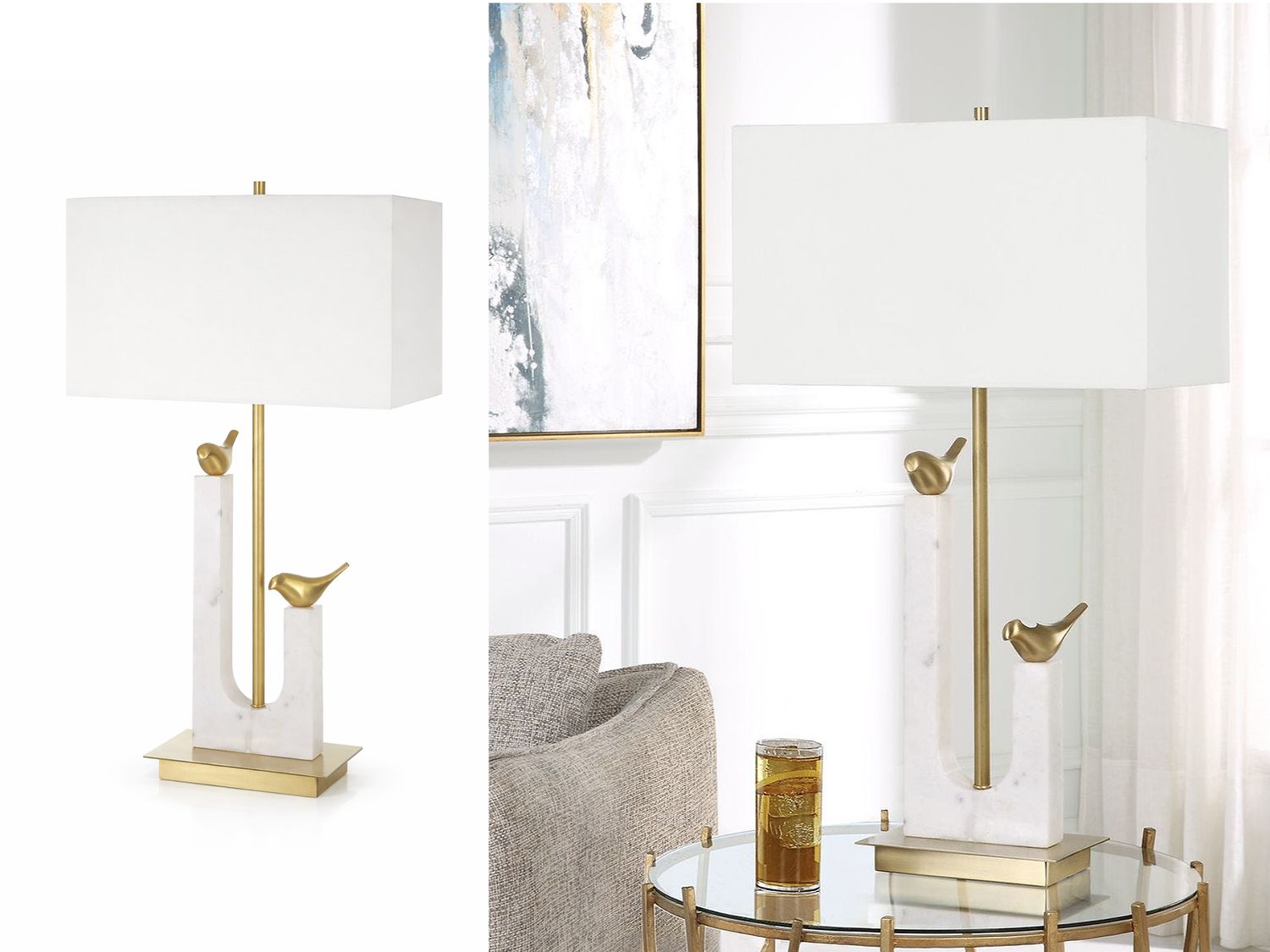 Golden Perch Table Lamp, White, Gold
