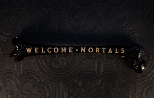 Welcome Mortals Engraved Femur | Black Bone, Gold Text