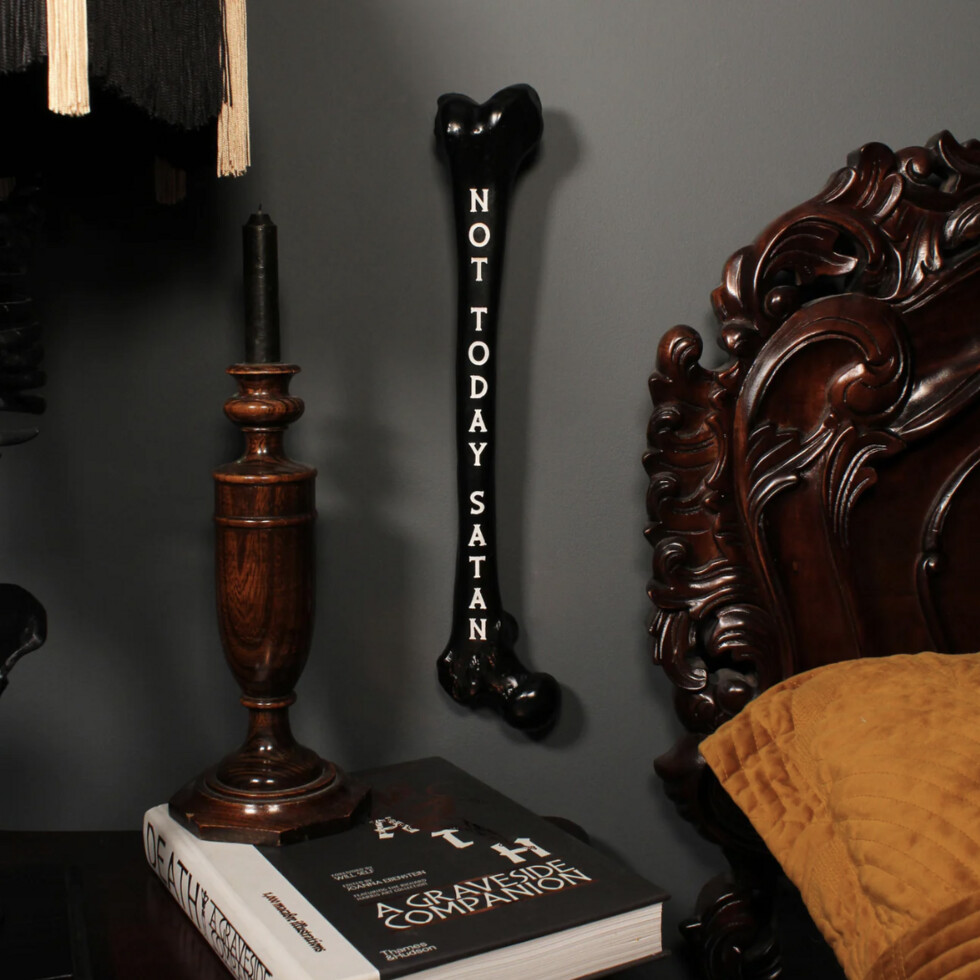 Not Today Satan Femur Bone | Black Bone Gold Text