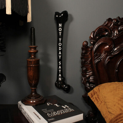 Not Today Satan Femur Bone | Black Bone Gold Text
