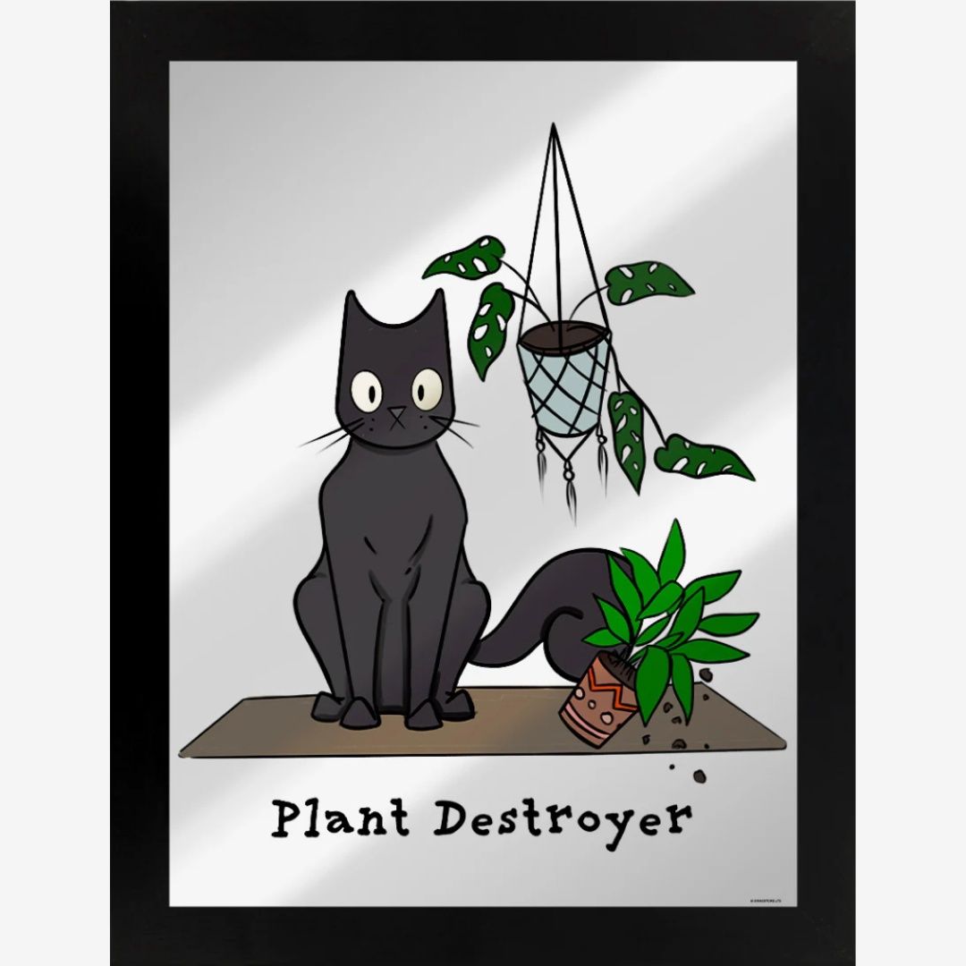 Framed Spooky Cat Plant Destroyer Mirrored Tin Sign