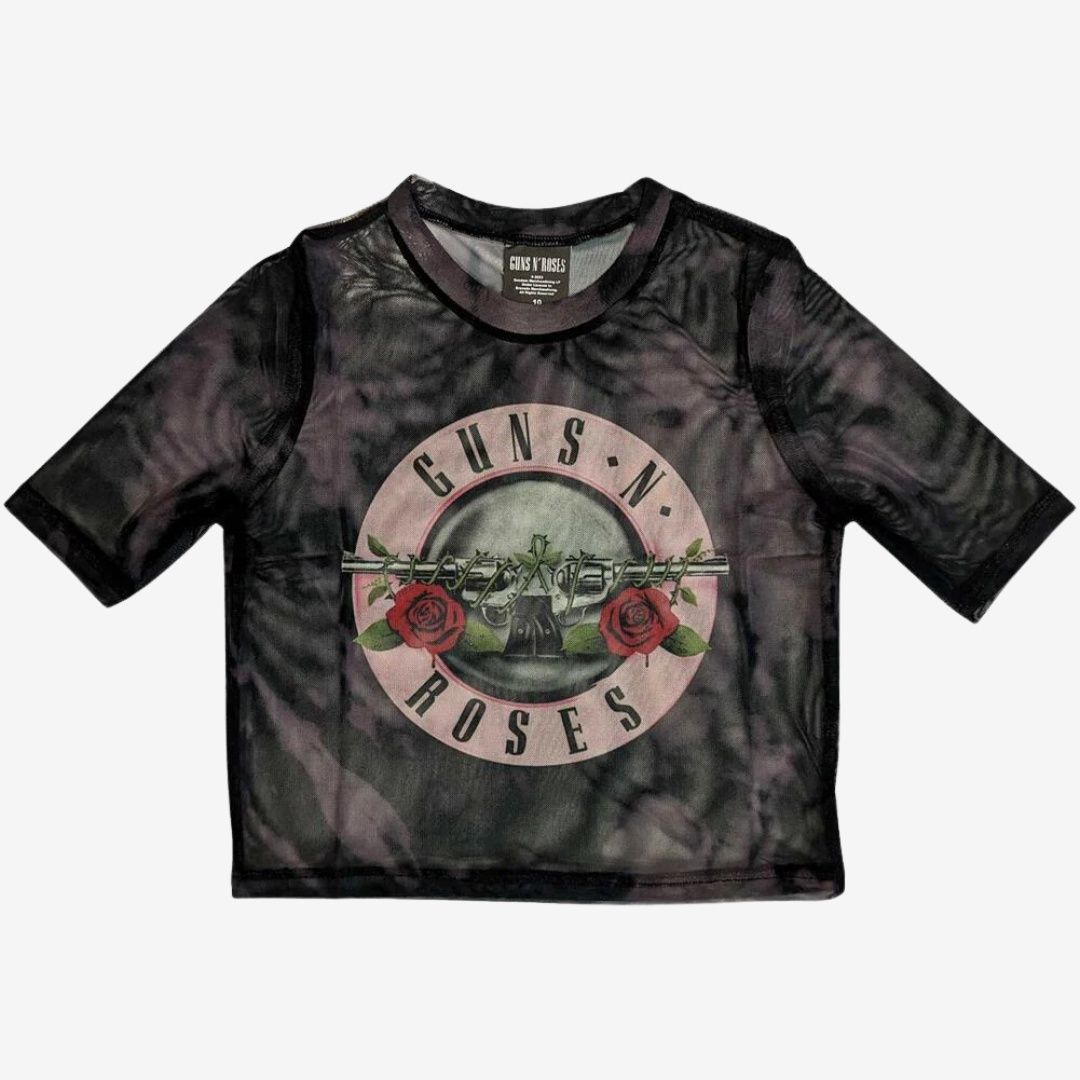Guns N Roses Pink Tint Bullet Logo Mesh Crop Top, Size: XS (UK 8)
