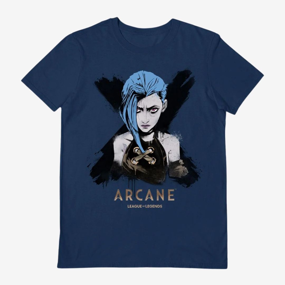 Arcane (Jinx Portrait) Navy Blue Unisex Short Sleeve T-Shirt, Size: Small