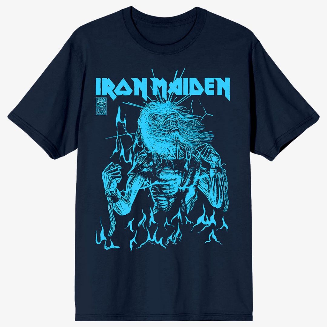 Iron Maiden Unisex T-Shirt: 50 Life After Death Flames Navy Blue, Size: Medium
