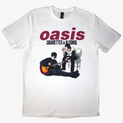 Oasis Unisex White T-Shirt: Cigarettes &amp; Alcohol Illustration