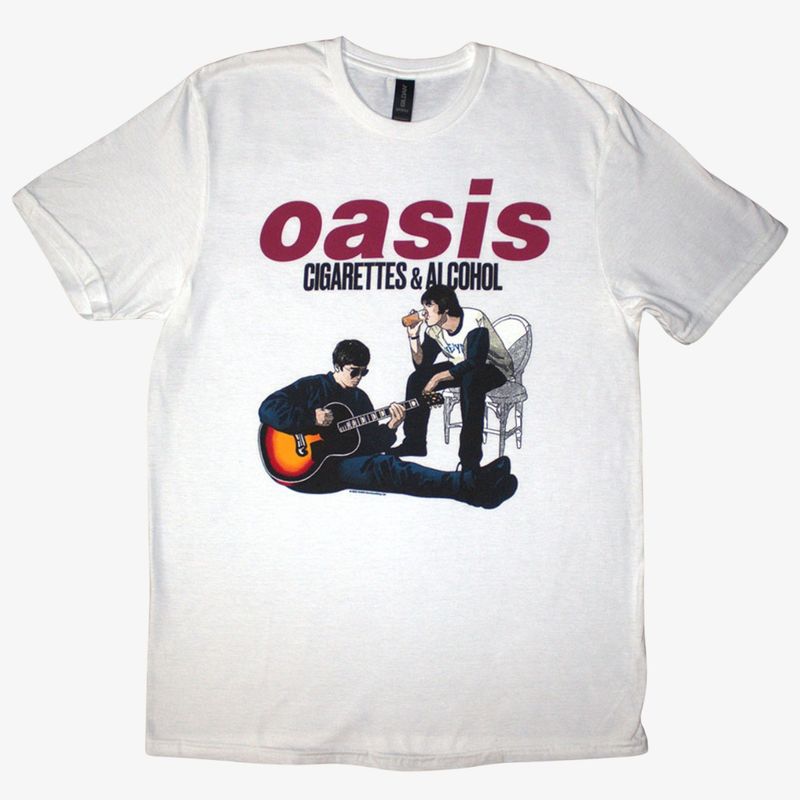 Oasis Unisex White T-Shirt: Cigarettes &amp; Alcohol Illustration