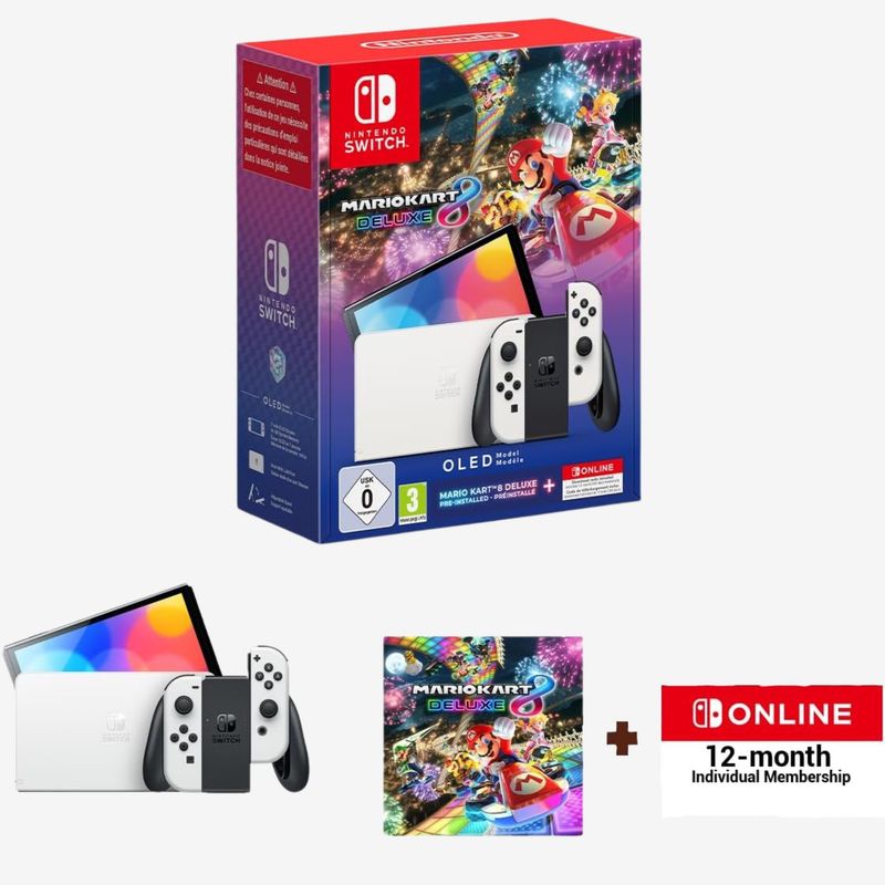 Nintendo Switch OLED (White) + Mario Kart 8 + 12 Month NSO