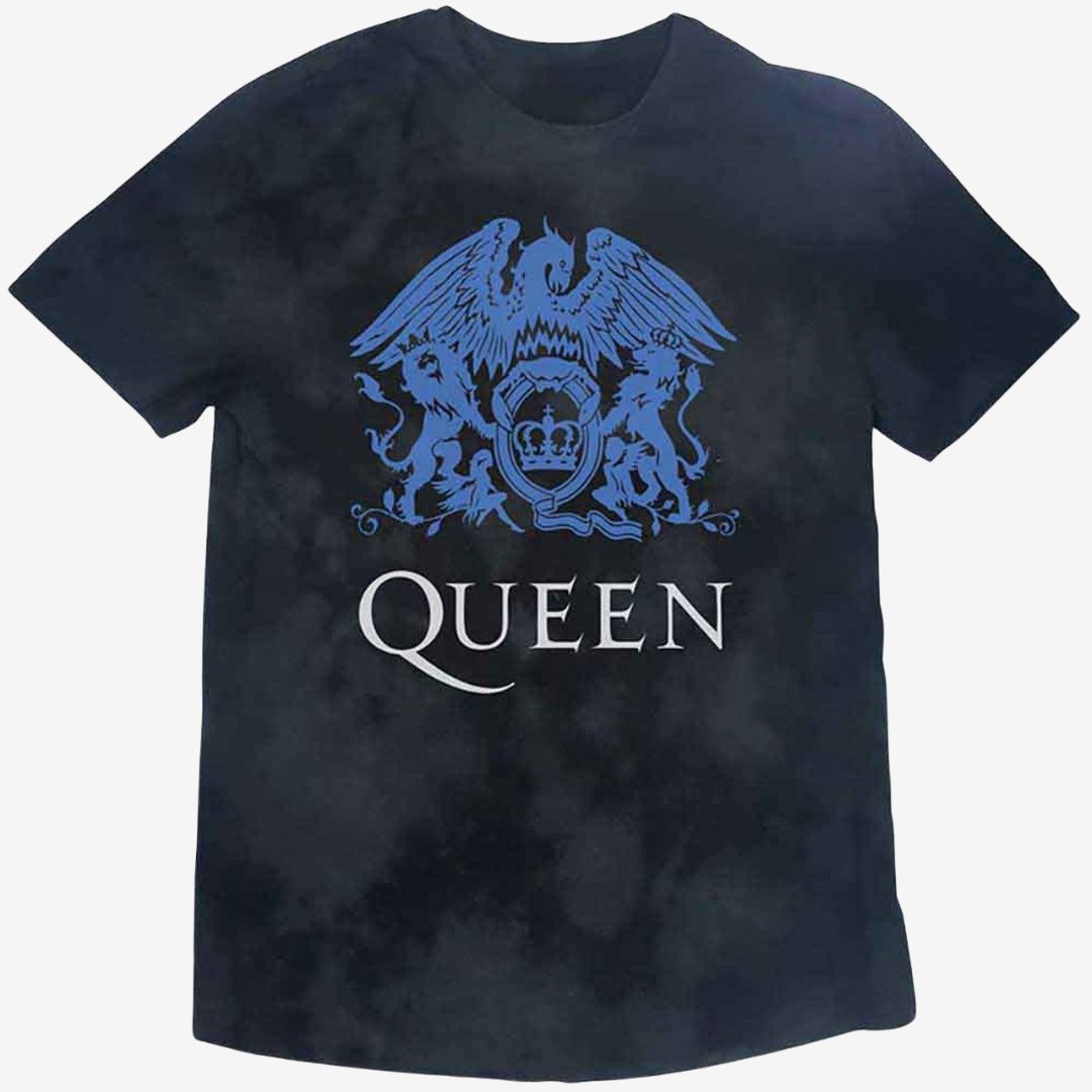 Queen Unisex T-Shirt: Blue Crest (Dip-Dye On Black) (Wash Collection), Size: Medium