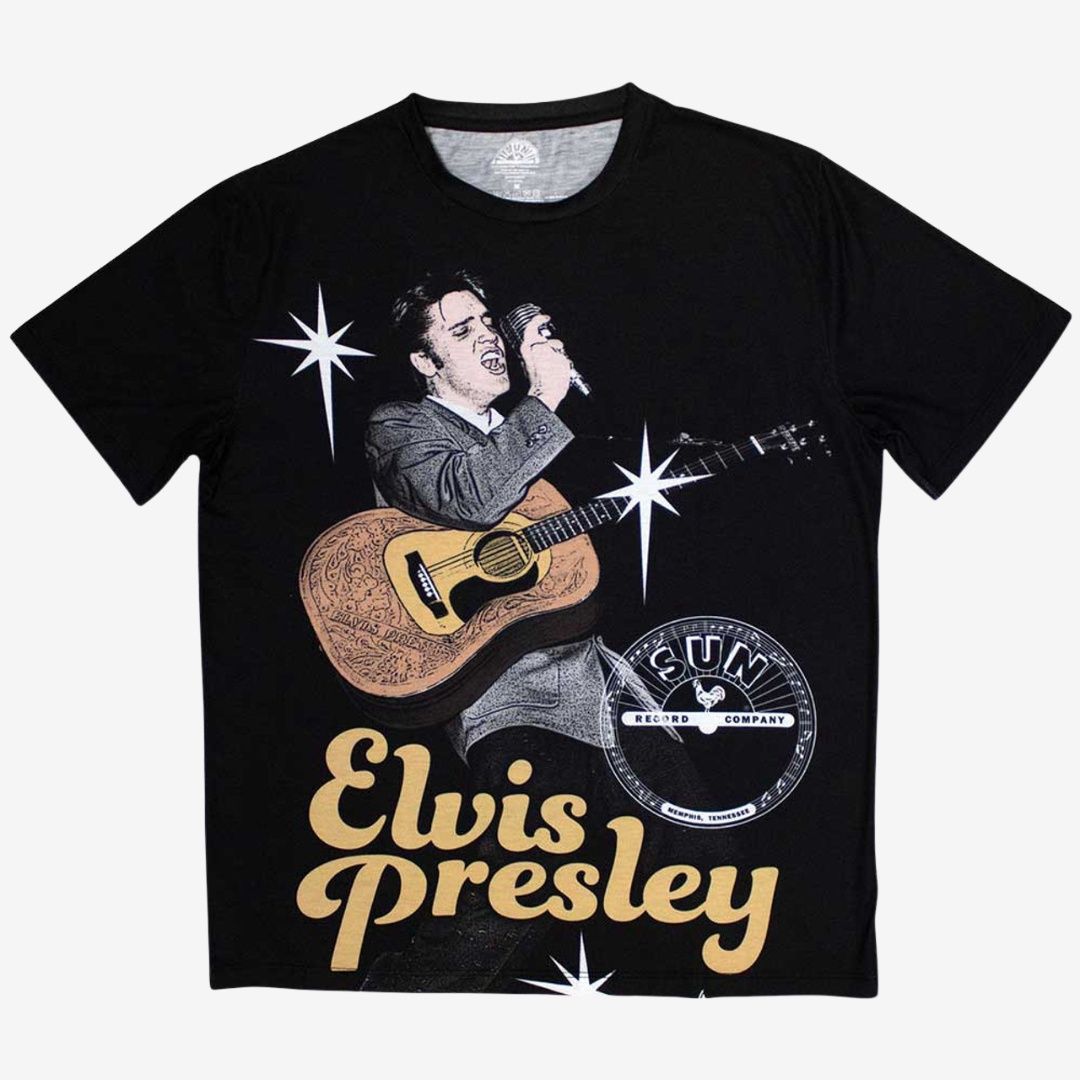 Sun Records Unisex Sublimation T-Shirt: Elvis Mic (Black), Size: Medium