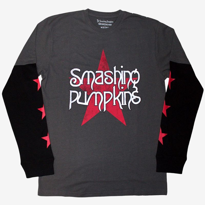 The Smashing Pumpkins Unisex Layered Long Sleeve T-Shirt: Star Logo (Charcoal Grey &amp; Black) (Sleeve Print)