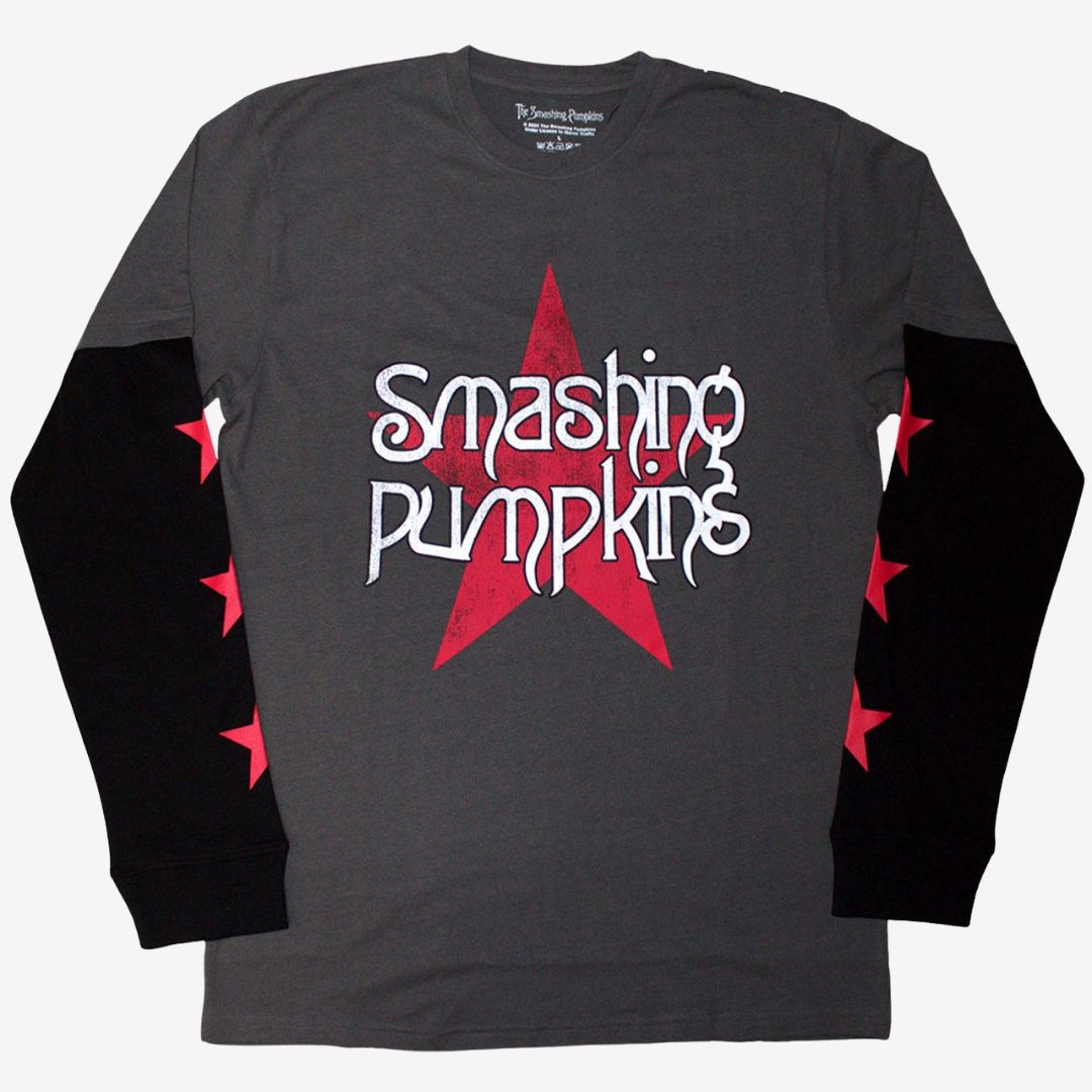 The Smashing Pumpkins Unisex Layered Long Sleeve T-Shirt: Star Logo (Charcoal Grey &amp; Black) (Sleeve Print), Size: Medium