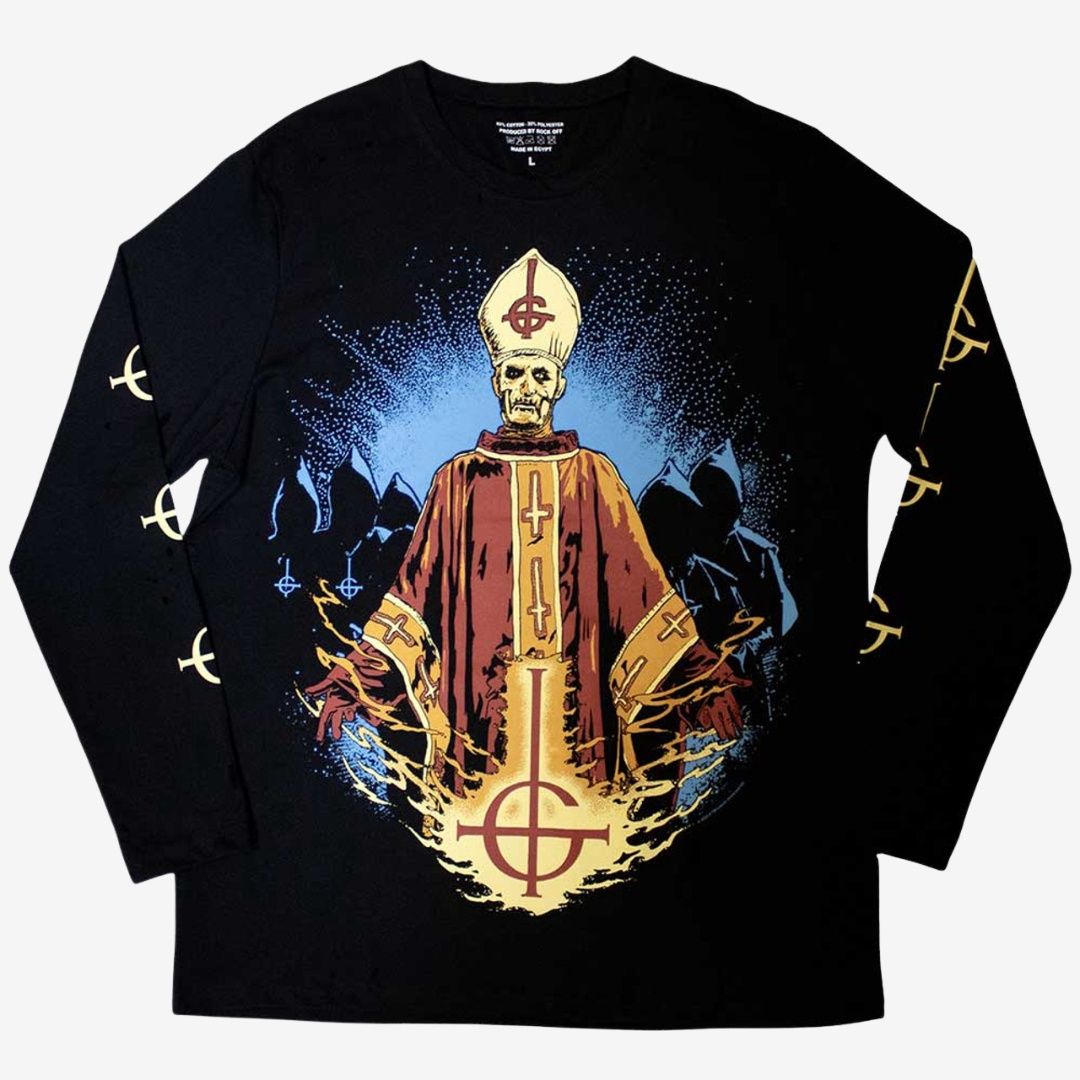 Ghost Unisex Long Sleeve T-Shirt: Papa &amp; Radient Ghouls (Black) (Back &amp; Sleeve Print), Size: Medium