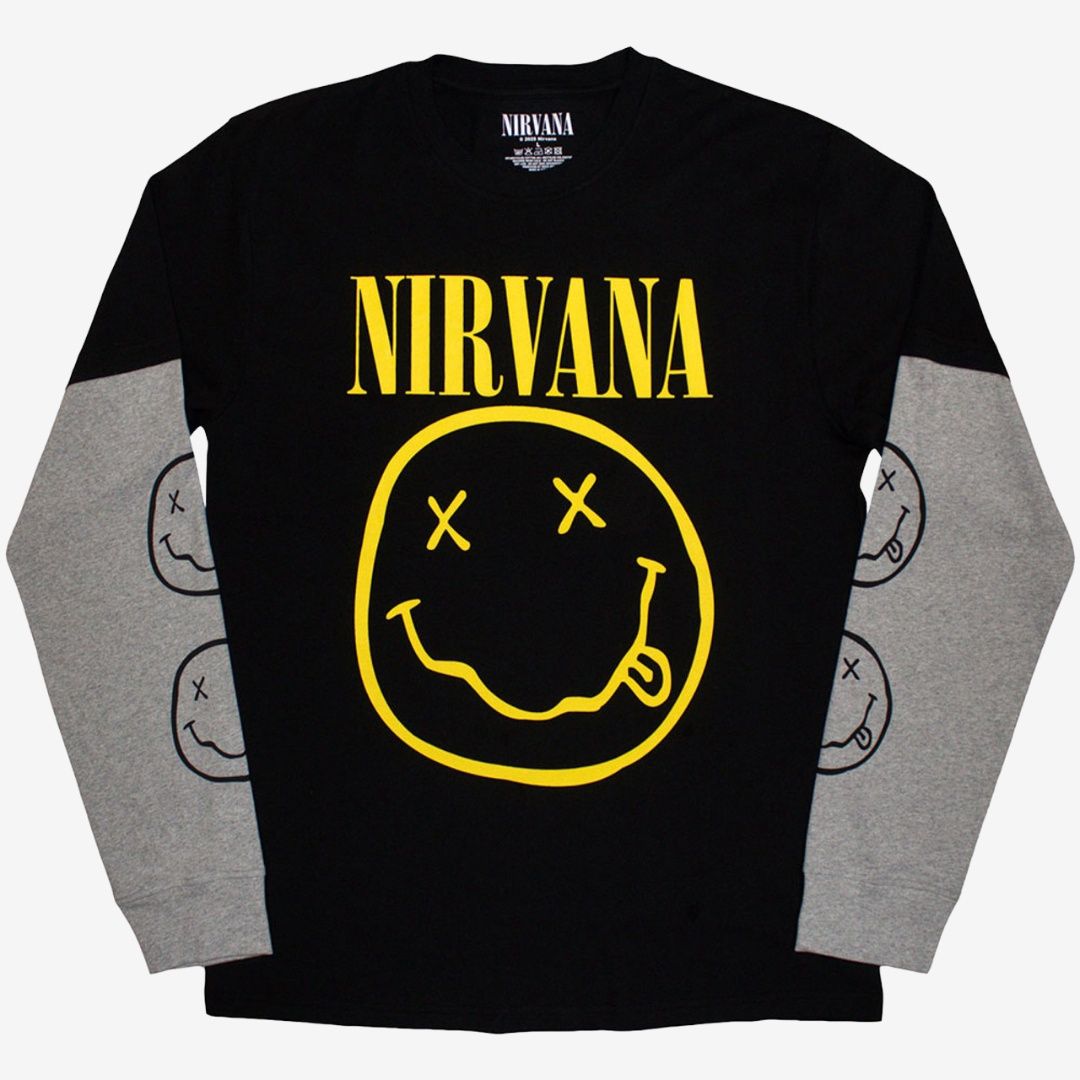 Nirvana Unisex Layered Long Sleeve T-Shirt: Yellow Happy Face (Black &amp; Grey) (Sleeve Print), Size: Medium