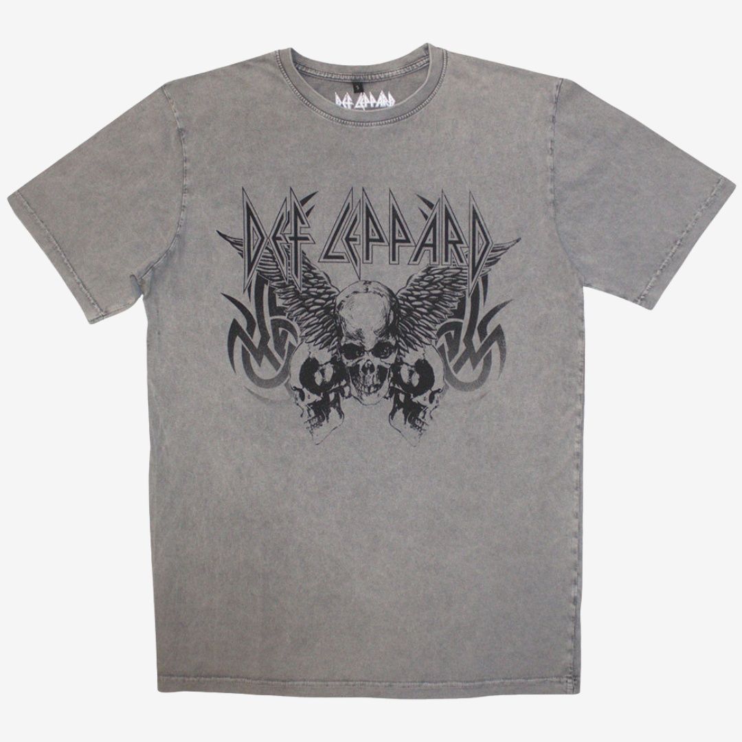 Def Leppard Unisex Stone Wash T-Shirt: Tribal Skull (Grey), Size: Medium