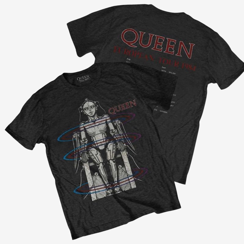 Queen Unisex T-Shirt: European Tour 1984 (Black) (Back Print)