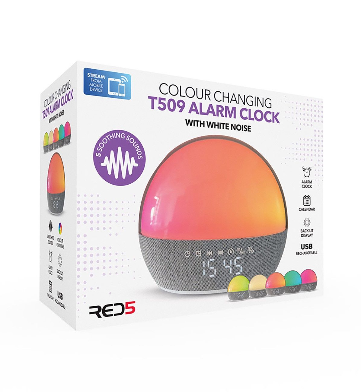 RED5 Colour Changing T509 Alarm Clock with White Noise