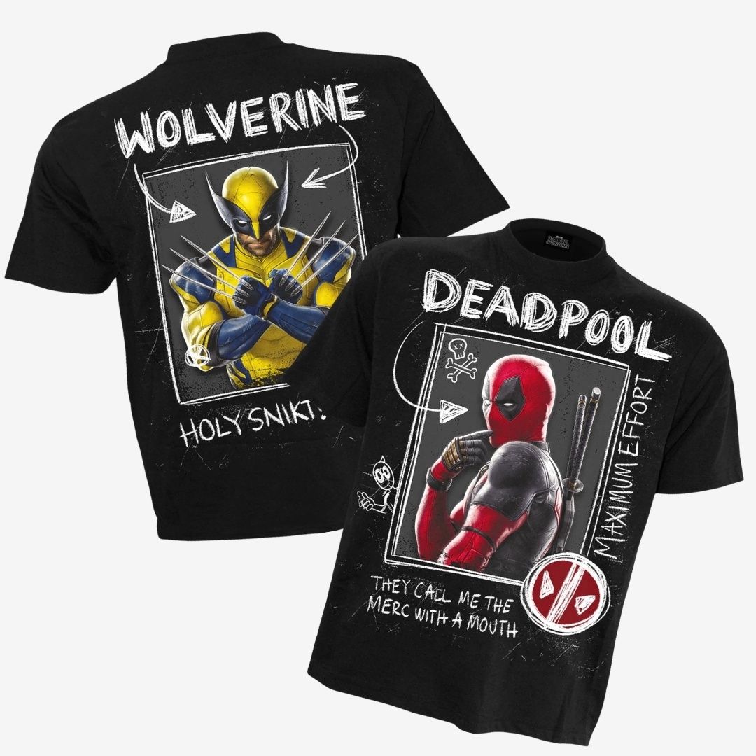 Marvel Comics Unisex T-Shirt: Deadpool Wolverine Sketches (Black) (Back Print), Size: Small