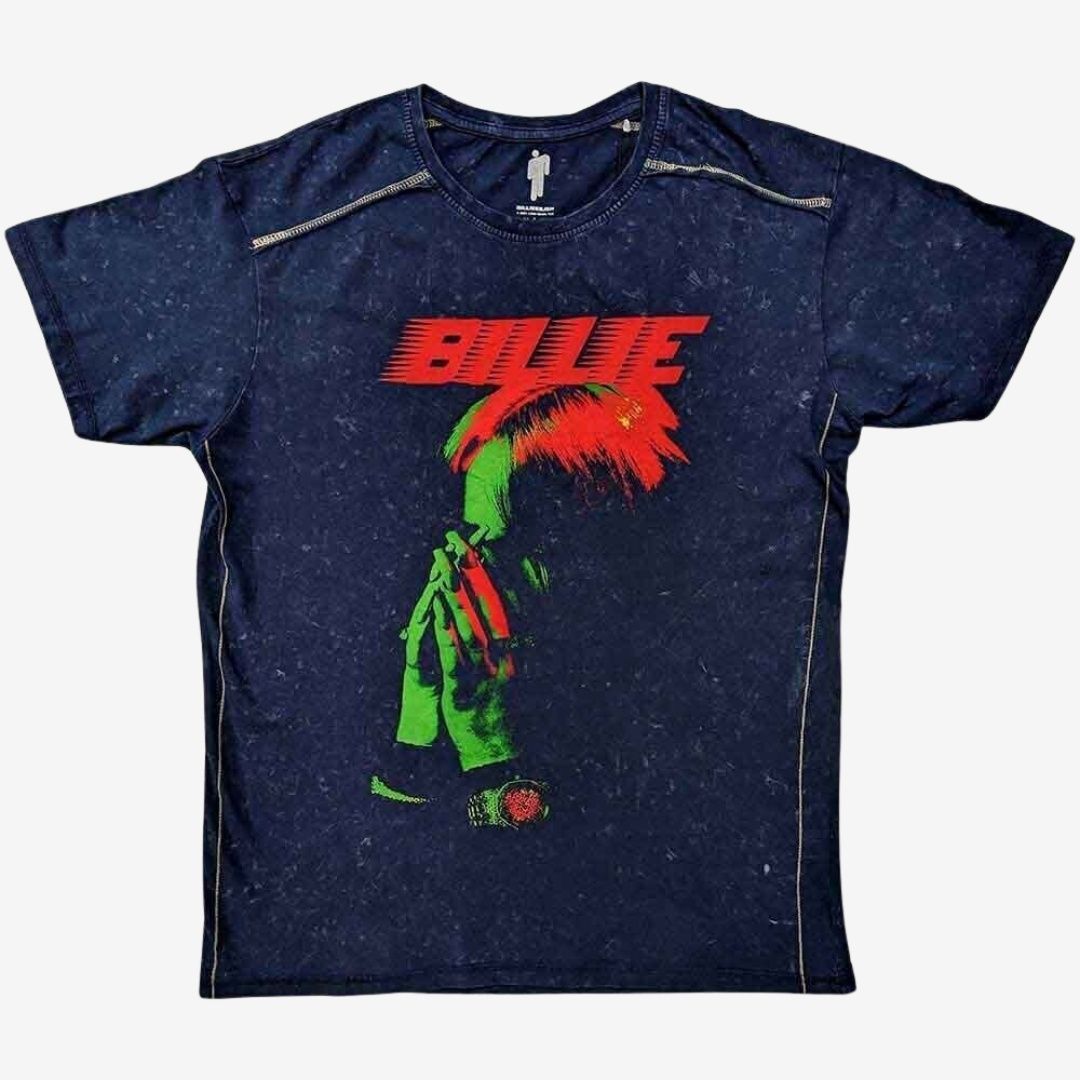 Billie Eilish Unisex T-Shirt: Hands Face (Navy Blue) (Wash Collection), Size: Small
