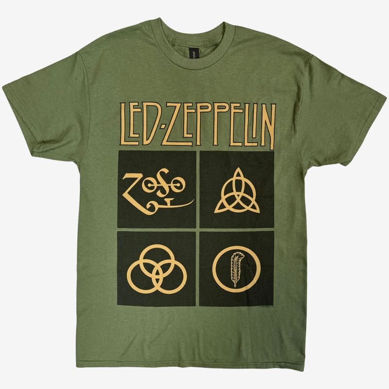 Led Zeppelin Unisex T-Shirt: Gold Symbols in Black Square (Green)