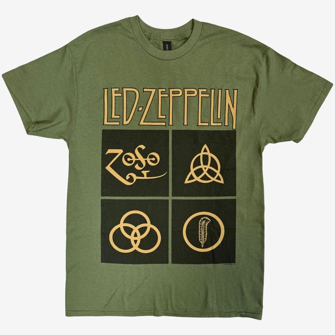 Led Zeppelin Unisex T-Shirt: Gold Symbols in Black Square (Green), Size: Small