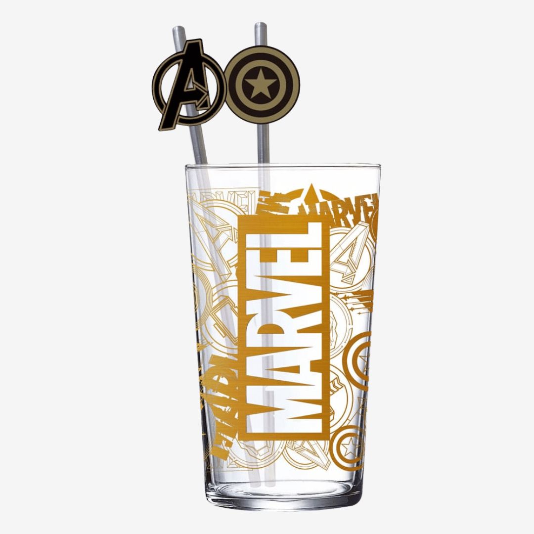 Marvel Glass Tumbler with Straws Logo &amp; Avengers 485ml