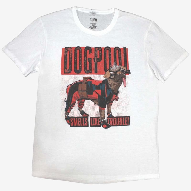Marvel Comics Unisex T-Shirt: Deadpool Dogpool Smells Like Trouble (White)
