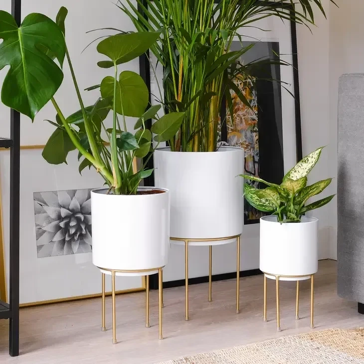 Set 3 Mid Century White Large Planters With Gold Metal Stand