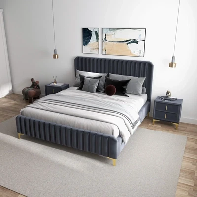 Arista King Size Grey Velvet Platform Bed Arista King Size Grey Velvet Platform Bed