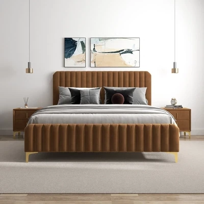 Arista King Size Cognac Velvet Platform Bed Arista King Size Cognac Velvet Platform Bed