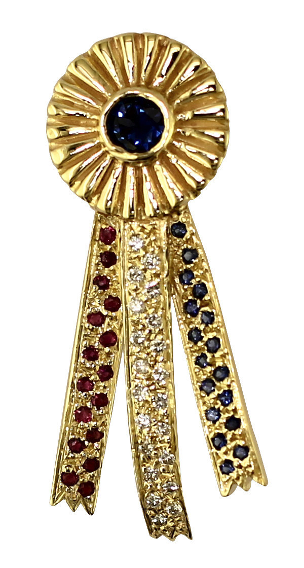 14kt Yellow Gold Ribbon with Ruby, Diamond, and Sapphire; Sapphire Center
