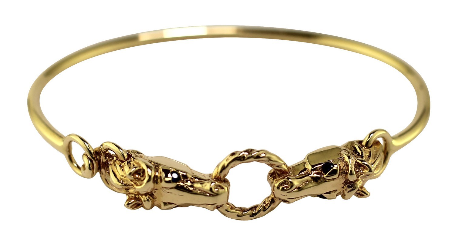 14kt Yellow Gold Double Horse Head and Twisted Circle Bracelet with Sapphire Eyes