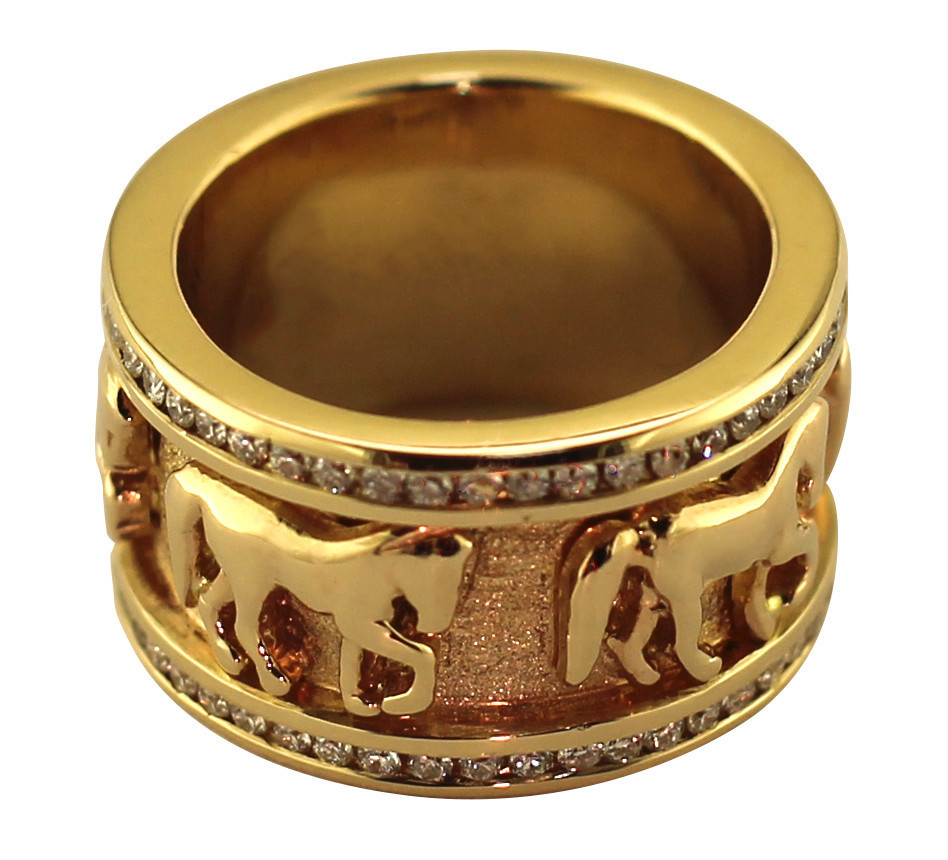14kt Yellow Equestrian Carousel Band with Double Eternity Channel Set Diamonds (1 carat total weight)
