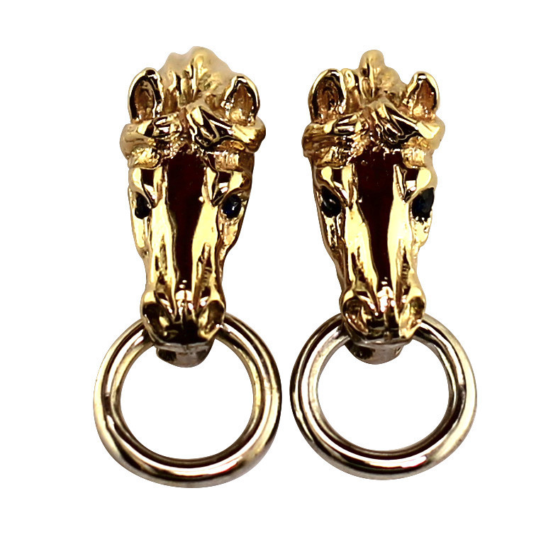 14kt Yellow Gold Horse Head with Plain Ring Earrings