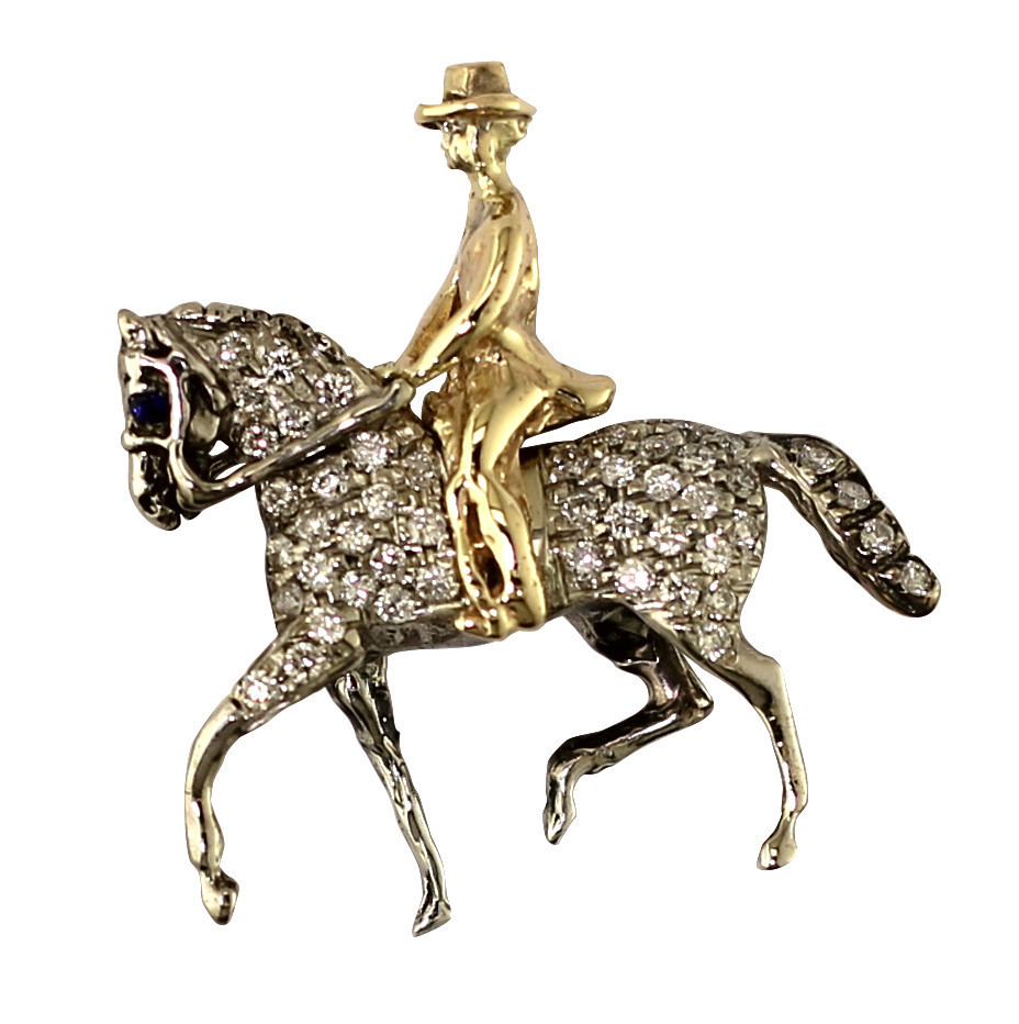14kt Yellow and White Gold Full Dressage Horse and Rider with Diamond Pave
