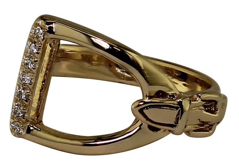 14kt Yellow Gold Wrapped Stirrup and Buckle Ring with Diamond Pave Foothold