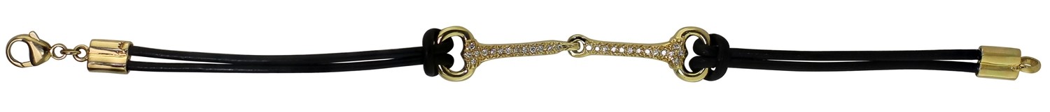 14kt Yellow Gold Diamond Pave Egg Butt Snaffle Bit and leather Bracelet