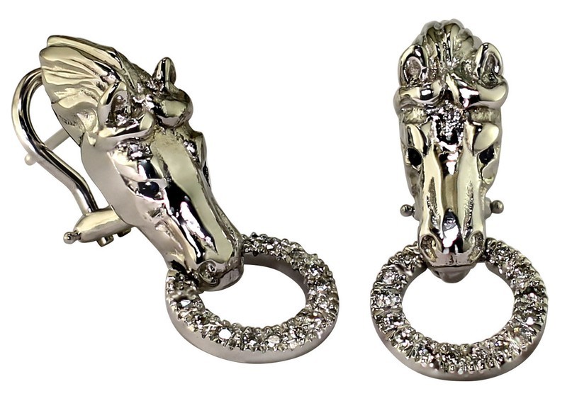 14kt White Gold Horse Head and Diamond Ring Earrings