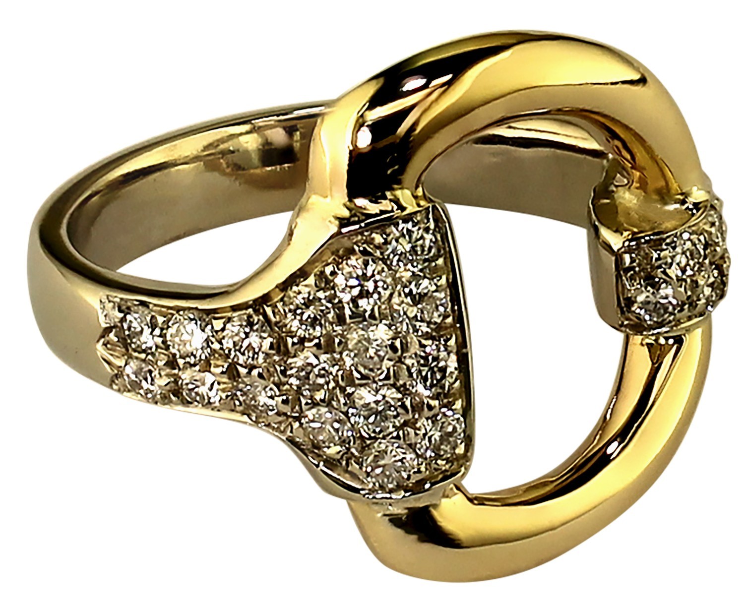 14kt Yellow and White Gold Snaffle Bit Ring with Diamond pave cheek guard and mouthpiece
