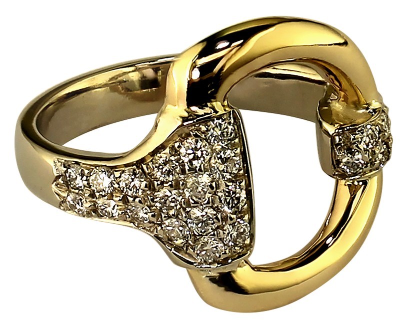 14kt Yellow and White Gold Snaffle Bit Ring with Diamond pave cheek guard and mouthpiece