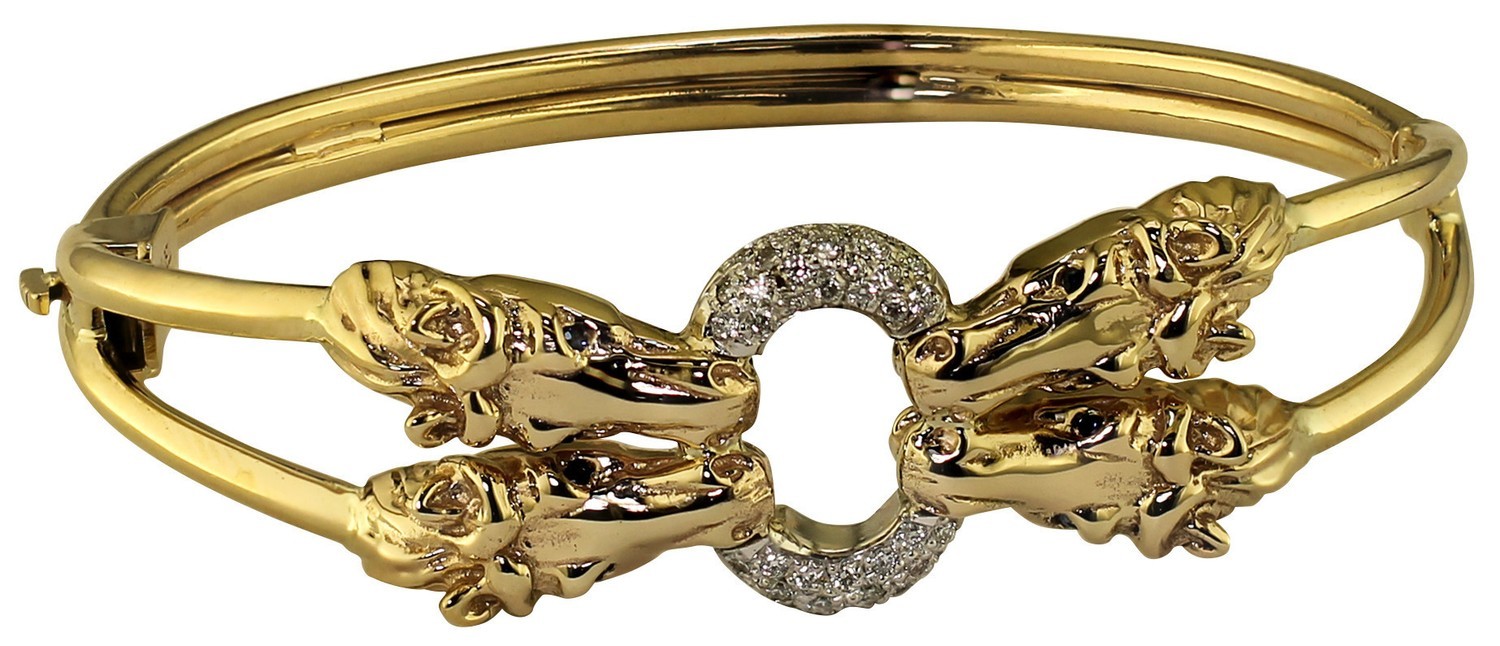 14kt Yellow Gold Quad Horse Head and Diamond Ring Bangle with Sapphire Eyes