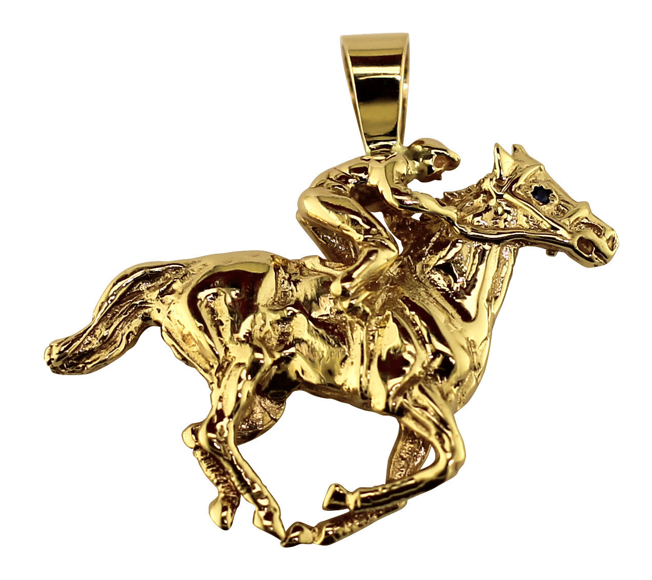 14kt Yellow Gold Full Racehorse and Jockey Pendant with Sapphire Eye