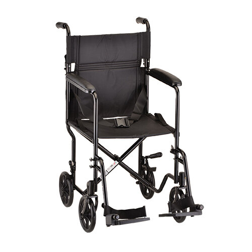 NOVA MEDICAL ECONOMY STEEL TRANSPORT CHAIR WITH REMOVABLE FOOTREST AND FOLD DOWN BACK  COLOR: BLACK