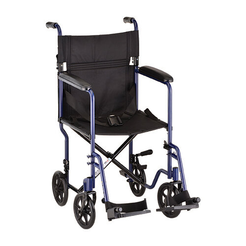 NOVA MEDICAL ECONOMY STEEL TRANSPORT CHAIR WITH REMOVABLE FOOTREST AND FOLD DOWN BACK  COLOR: BLUE