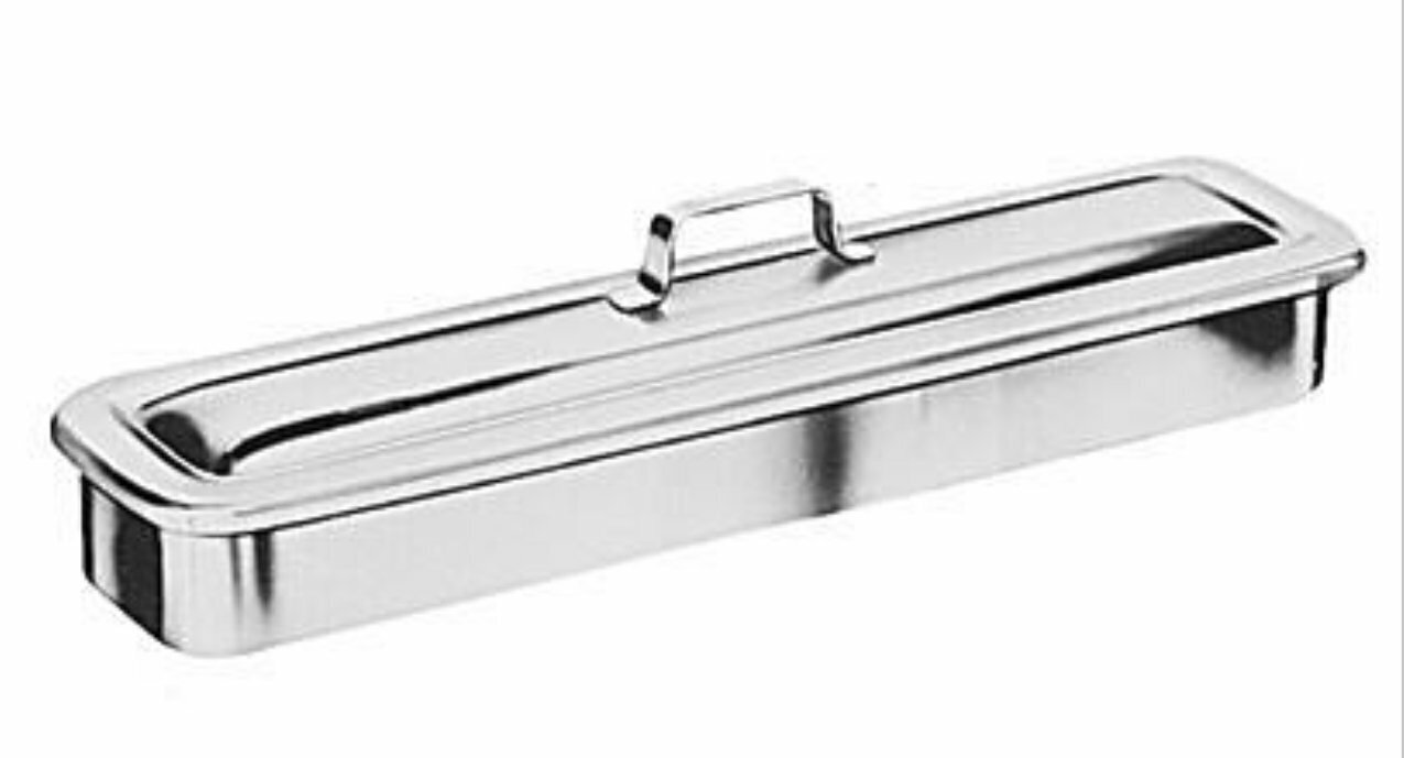 TECHMED ECONOMY STAINLESS STEEL INSTRUMENT TRAY WITH COVER AND STRAP HANDLE 8.5” x 3” x 1.5”