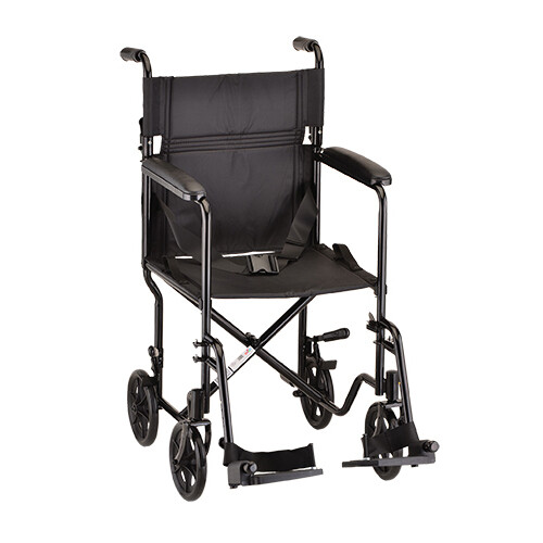 NOVA MEDICAL ECONOMY STEEL TRANSPORT CHAIR WITH REMOVABLE FOOTREST AND FOLD DOWN BACK  COLOR: BLACK