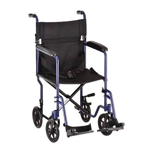 NOVA MEDICAL ECONOMY STEEL TRANSPORT CHAIR WITH REMOVABLE FOOTREST AND FOLD DOWN BACK  COLOR: BLUE